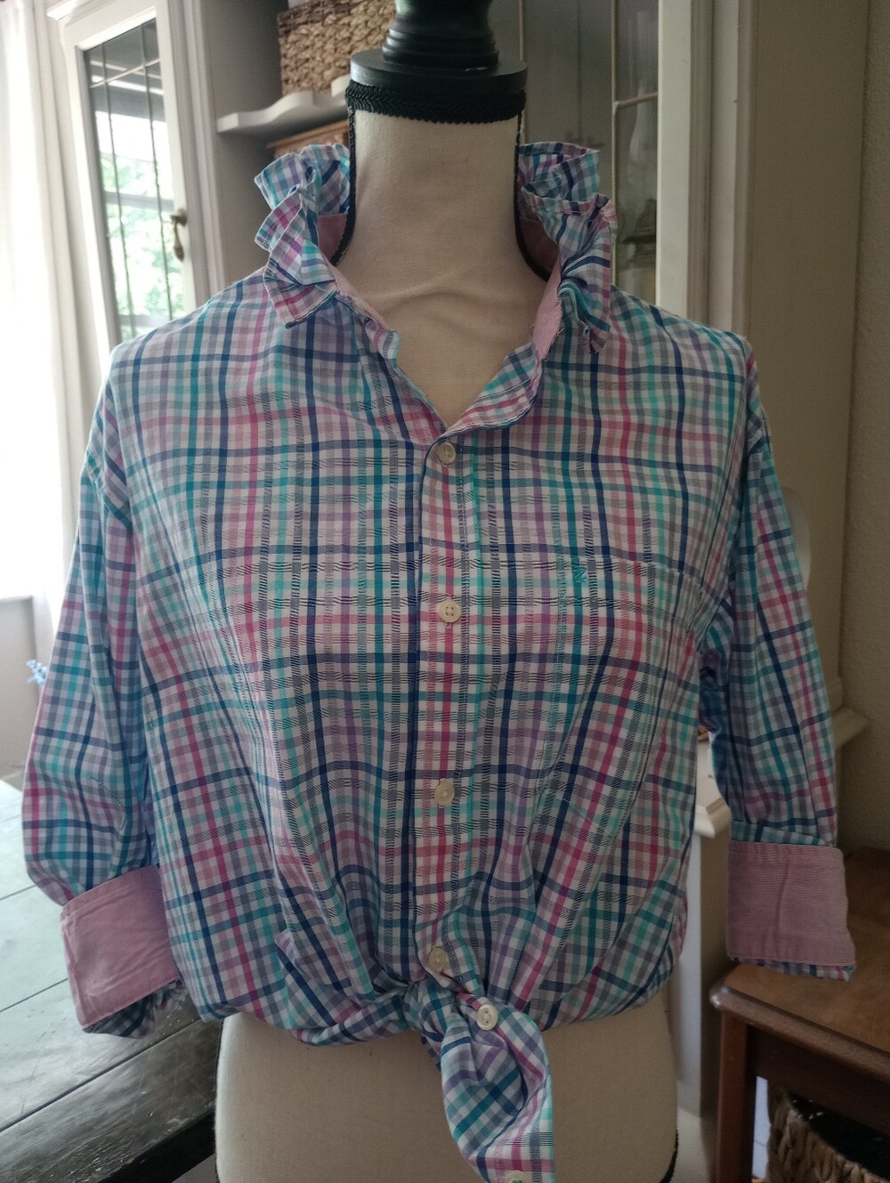Plaid Button-Front Shirt with Tie Hem - Pastel Multi